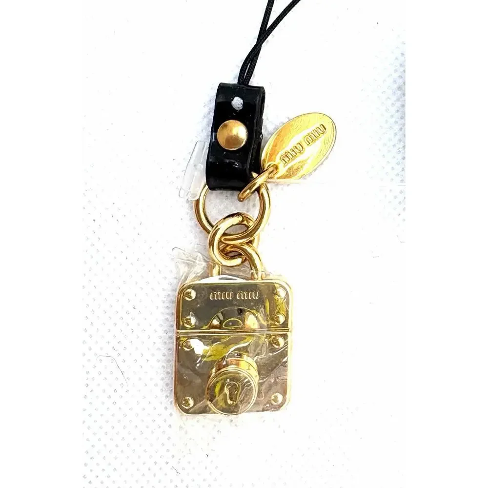 Miu Miu Gold Padlock Phone Charm Bag Charm Keychain Black Strap NWT Designer